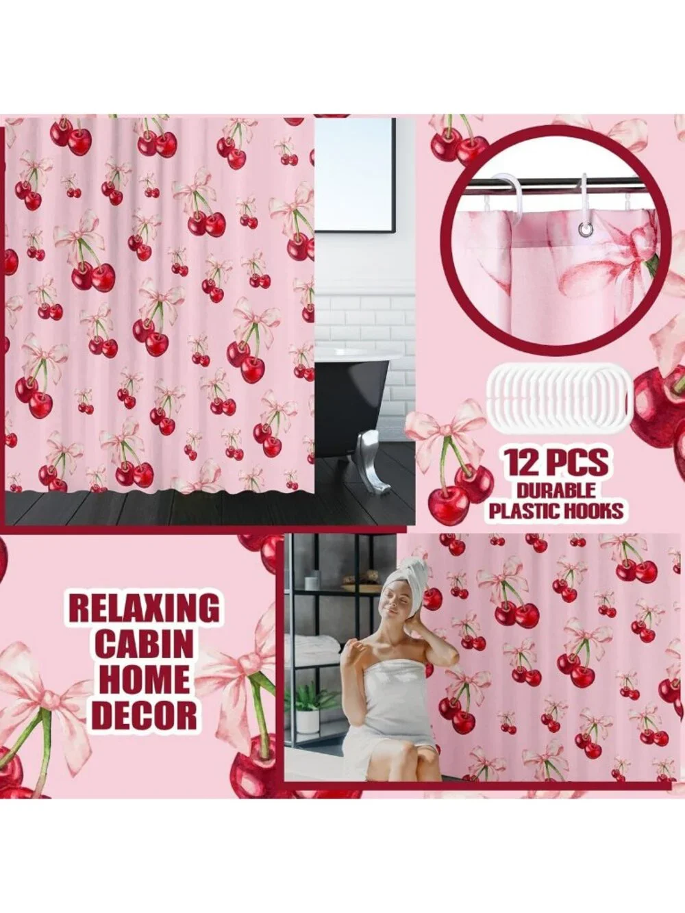 4 Pcs Pink Bow Cherry Shower Curtain Set - Aesthetic Bathroom Decor with Rugs